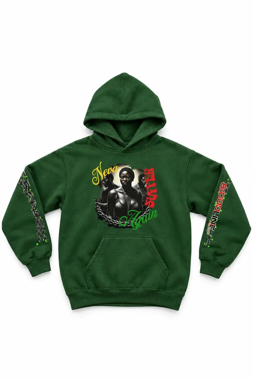 Green hoodie with graphic design on a white background